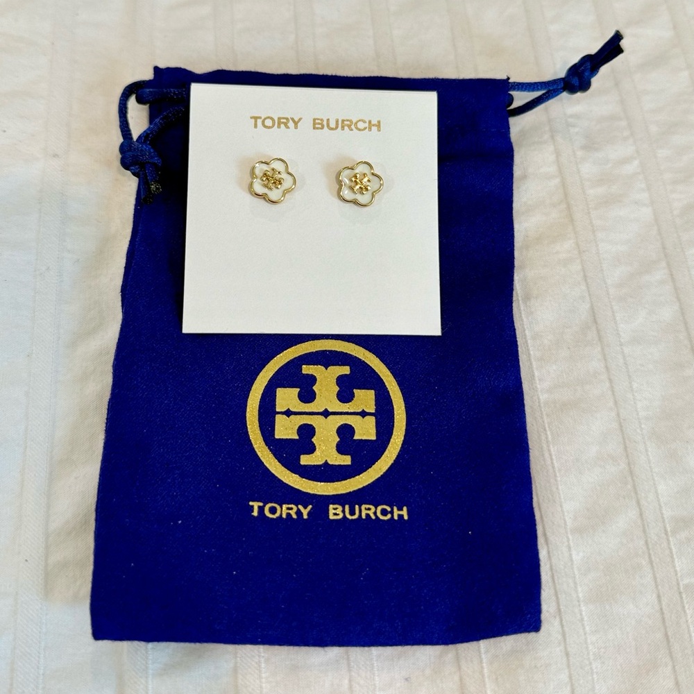Tory Burch Gold and White Stud Earrings